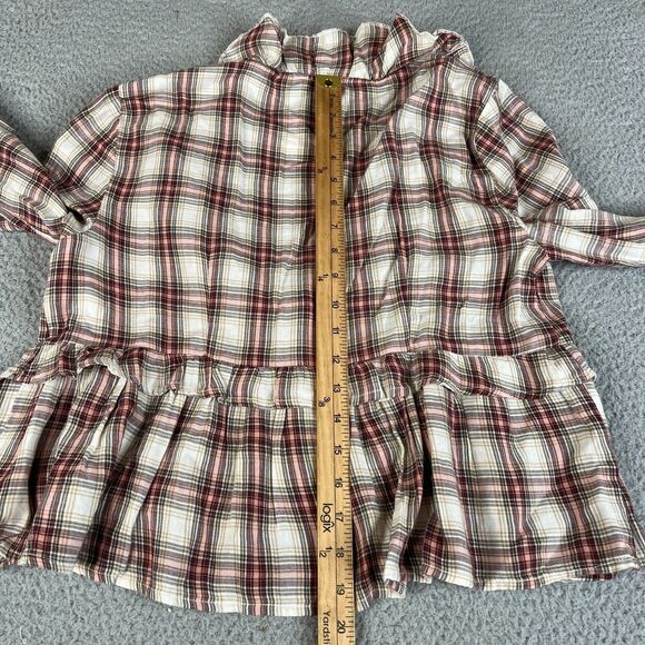 American Eagle Blouse Women Large Red Pink Plaid Peplum Tunic Waist Tie Bell Top - Picture 7 of 11
